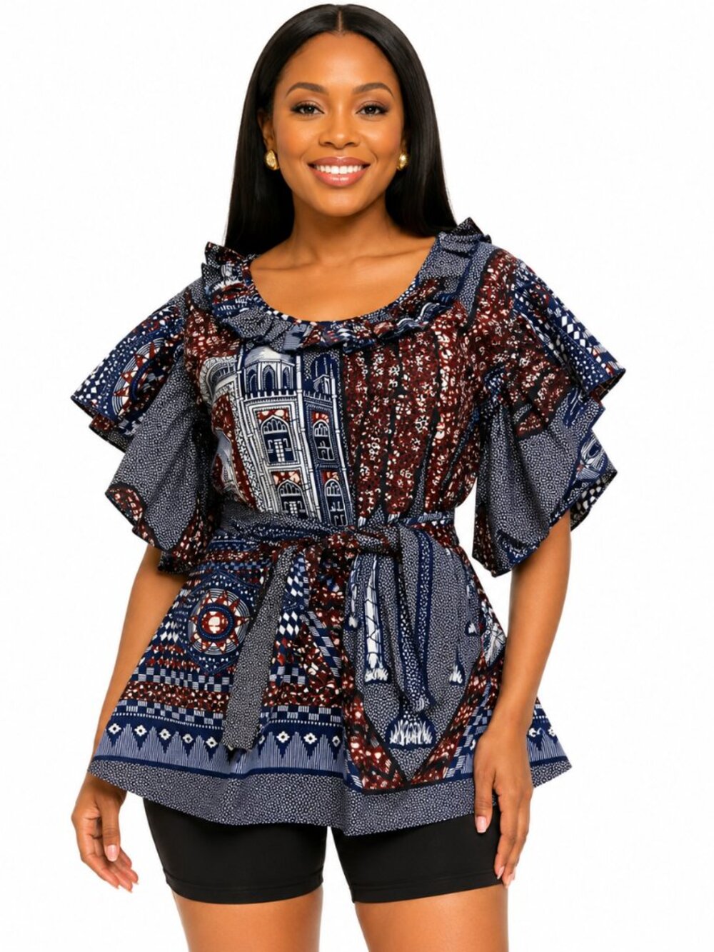 African Print Women’s Ruffle Sleeve Tunic Top with Tie Waist Belt – Free & Plus